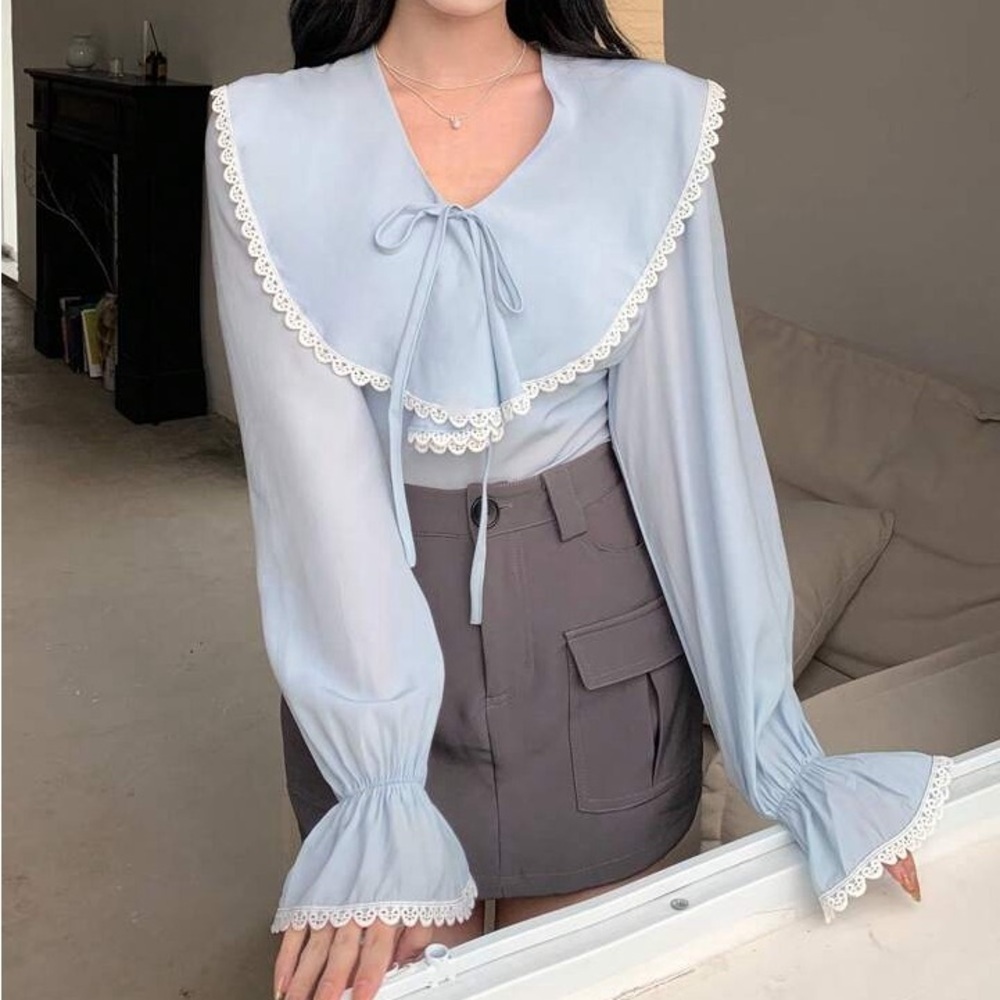 New Lace Trimmed Ruffle Sleeve Shirt Blouse - Picture 11 of 13